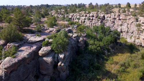 Aerial drone of rock formations at Castlewood Canyon State Park in Douglas County, Colorado photo