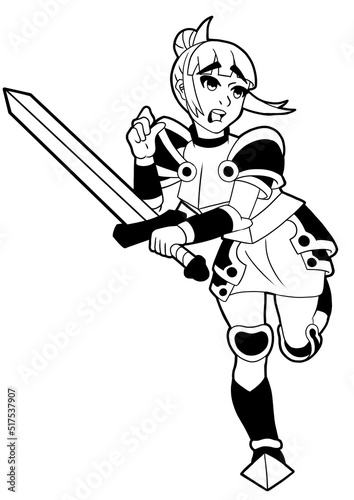 A cute girl knight with a scared face stands on one leg holding a big sword in her hand. She is drawn in a cartoon anime and manga style outline coloring book with shadows.