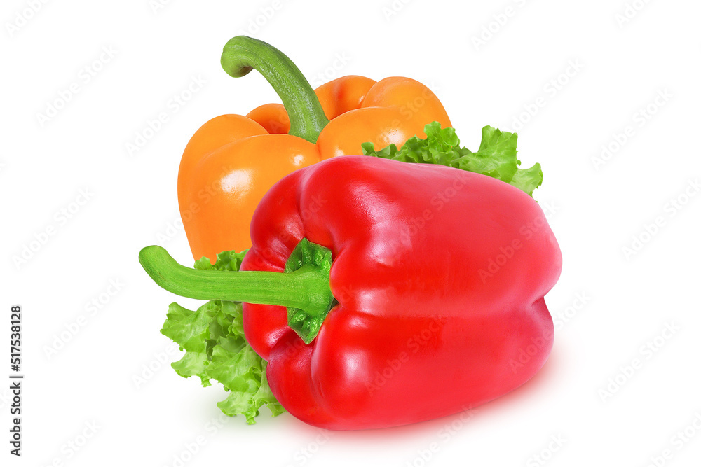 Peppers and salads on an isolated white background. Red and orange pepper, salad