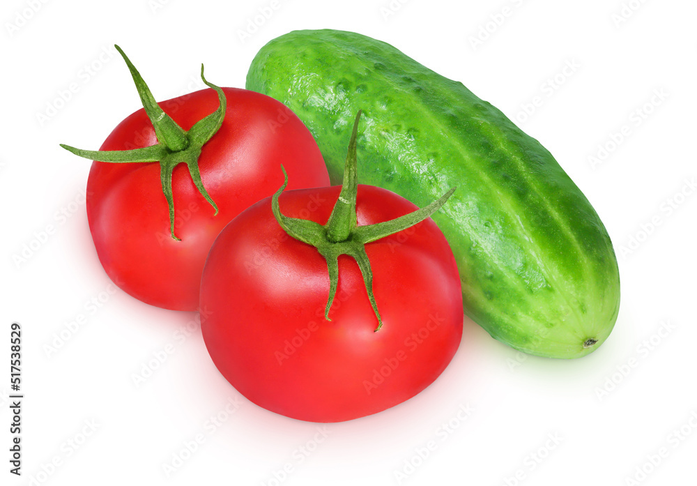 Tomatoes and cucumber on isolated white background Tomatoes and cucumber on isolated white background