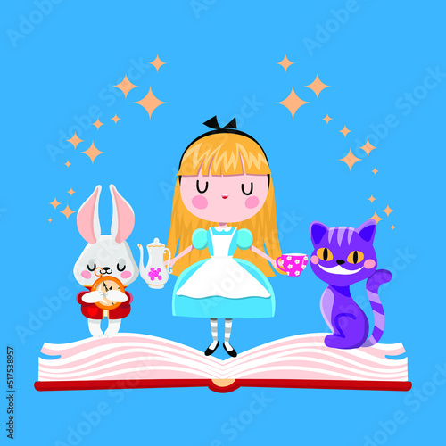 Alice in Wonderland cat and white  rabbit in the opened book