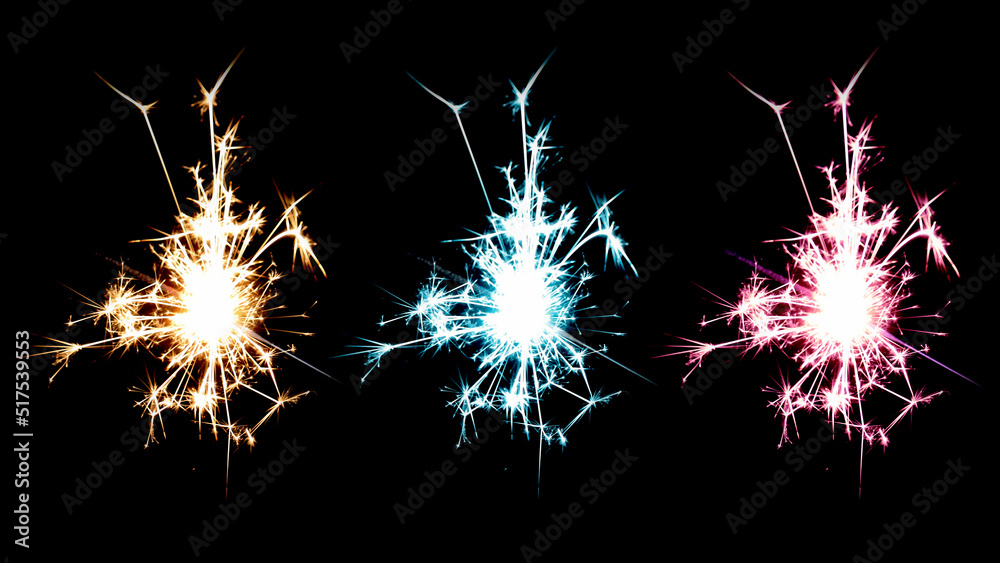 Sparkling sparkler on a black background. Fireworks, stars, flashes of light. Pyrotechnics. The concept of the holiday. Christmas, New Year. Explosion. An element for design. Bengal fire