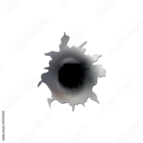 Bullet holes of gun or pistol. Shoot in metal single and double hole. Damage and cracks on surface. Vector isolated on background