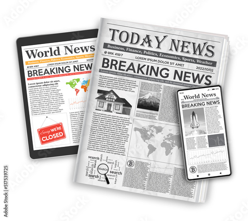 News concept with newspaper on screen smartphone, tablet PC and newspapers, isolated on white background.