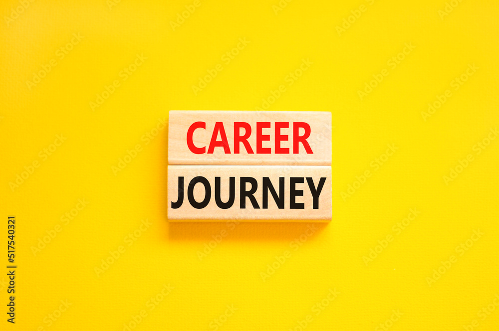 Career journey symbol. Concept words Career journey on wooden blocks on a beautiful yellow table yellow background. Business Career journey concept. Copy space.