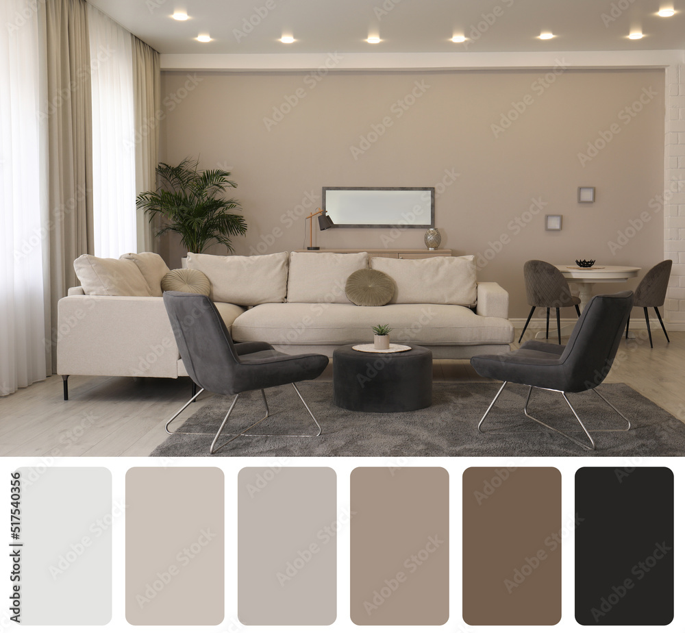 Color palette and photo of stylish living room interior. Collage Stock ...