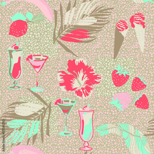 seamless background with tropical leaves and cocktails, vector design for paper, fabric and other surface