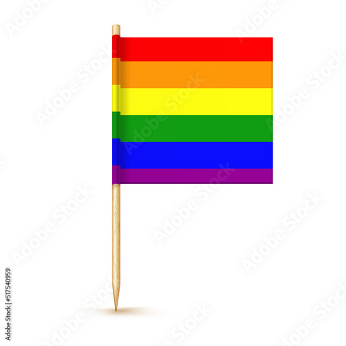 LGBT rainbow toothpick flag isolated on wood stick with white paper. Realistic little tooth pick for lunch. Vector cocktail decoration