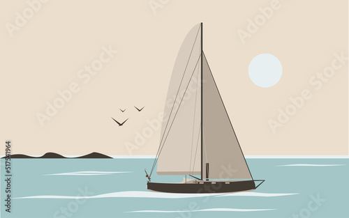 Beautiful seascape. A boat or yacht floats on the sea against the backdrop of the sun.