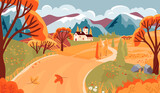 Autumn landscape with mountains, road through the hills and trees, bushes, falling leaves, flowers, horizon with clouds, buildings, stones.Flat cartoon illustration background for design card,banner.