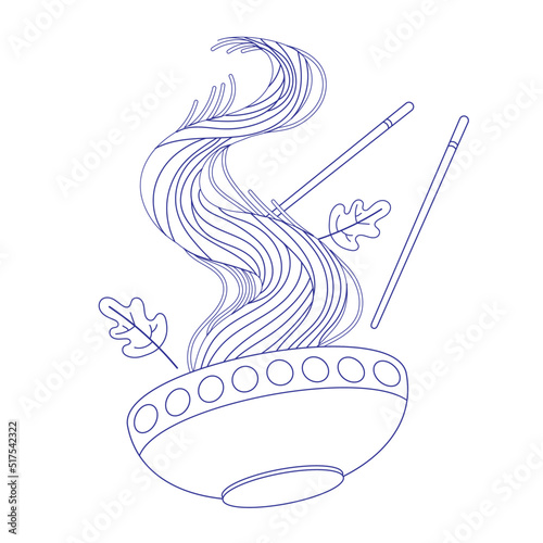 Lineart noodle dish with chopsticks. Vector illustration isolated on a white background.