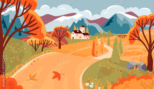 Autumn landscape with mountains  road through the hills and trees  bushes  falling leaves  flowers  horizon with clouds  buildings  stones.Flat cartoon illustration background for design card banner.