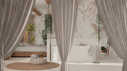 White openings curtains overlay bohemian wooden bathroom and bedroom in boho style, clipping path, vertical folds, soft tulle textile texture, stage concept with copy space