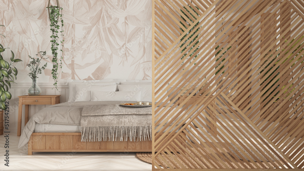 Wooden panel close-up, bohemian wooden bedroom in boho style. Double bed, hanging chair and potted plants. Mediterranean farmhouse interior design concept idea Wooden panel close-up, bohemian wooden bedroom in boho style. Double bed, hanging chair and potted plants. Mediterranean farmhouse interior design concept idea