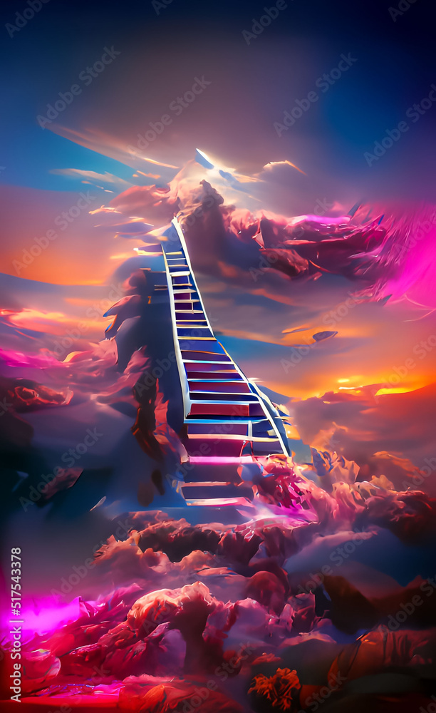 Stairway from hell to heaven, synthwave and cartoon style illustration ...