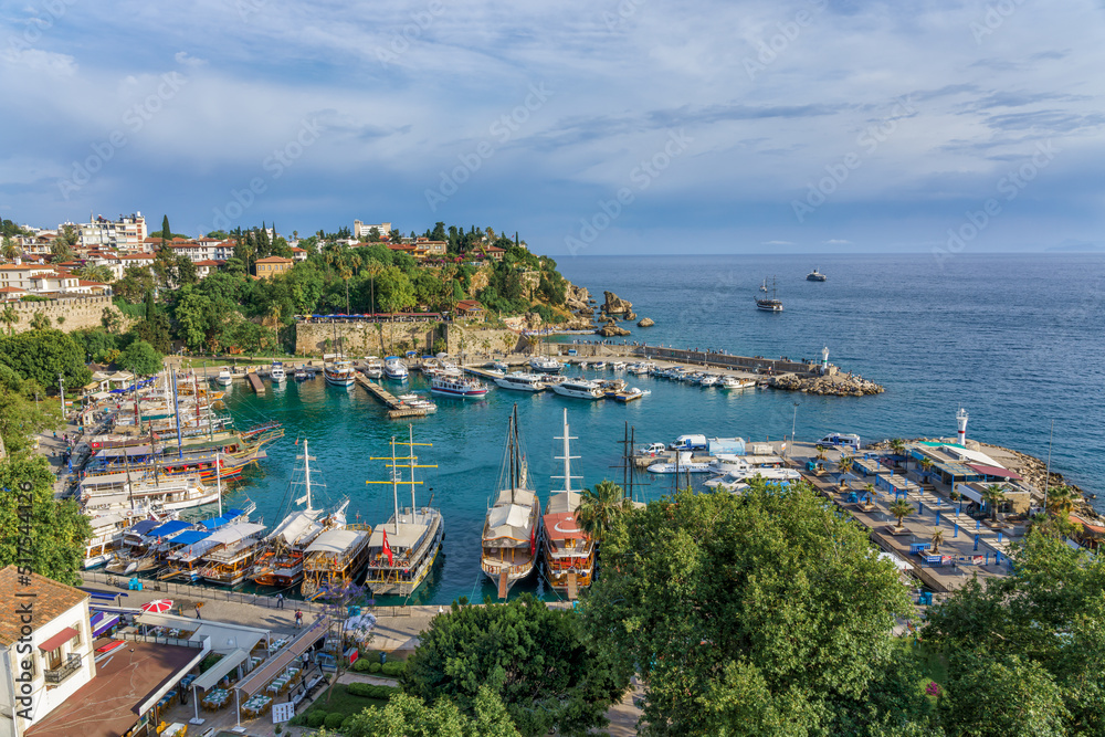 Panoramic view of Antalya Old Town Kaleici port. Antalya, Turkey.