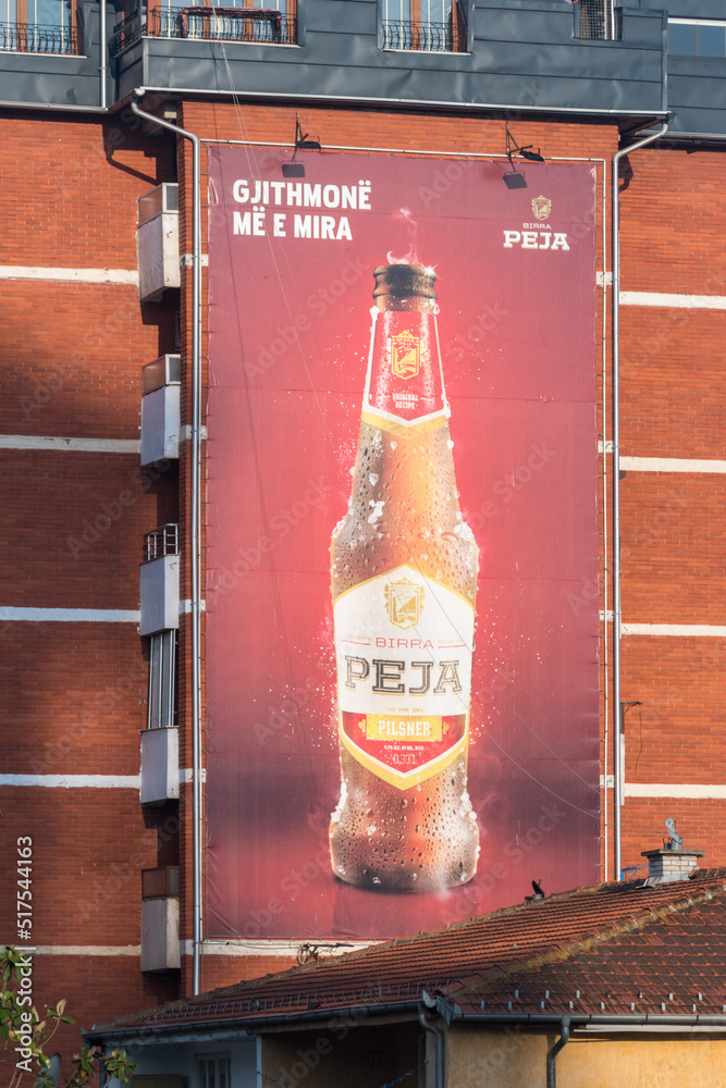 Pristina, Kosovo June 5, 2022 Peja beer advertisement. Peja is the largest brewery in Kosovo