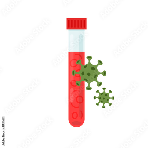 Medical test tube with blood virus disease cells. Test tubes with blood sample for Covid or monkeypox. Pandemia. Vector illustration isolated on white background.