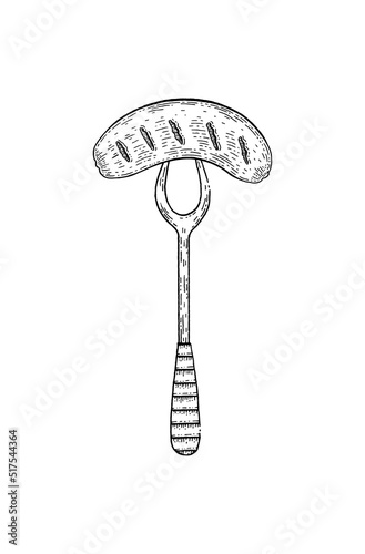 Sausage on fork drawing. Bratwurst hand draw sketch. Hot dog sausage in doodle black style. BBQ hotdog vector. Graffiti banger outline. Abstract hot grill barbecue banner. Cooked hand drawn icon