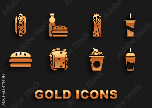 Set Sandwich, Paper glass with drinking straw water, Glass of lemonade, Popcorn cardboard box, Burger, Doner kebab, Hotdog sandwich mustard and Bottle burger icon. Vector