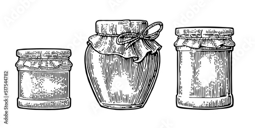 Various glass jars with jam and packaging paper. Vector vintage engraving