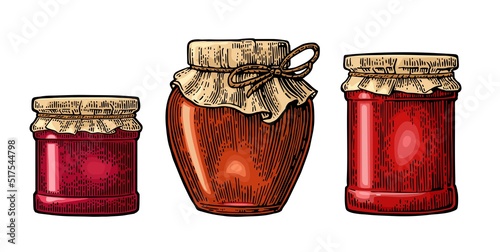 Various glass jars with jam and packaging paper. Vector vintage engraving