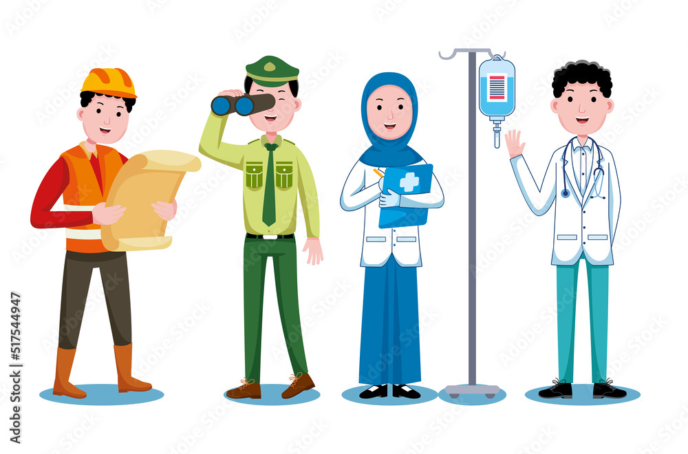 Set of professions characters and objects in flat design style Set of professions characters and objects in flat design style