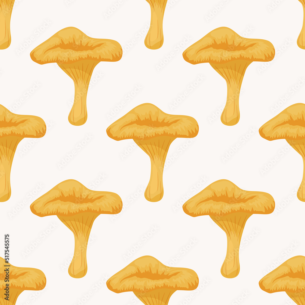 Vector Seamless Pattern with Chanterelle Mushroom on White. Seamless Texture, Hand Drawn Cartoon Chanterelle Mushrooms. Design Template for Textile, Wallpaper, Print. Cantharellus Cibarius