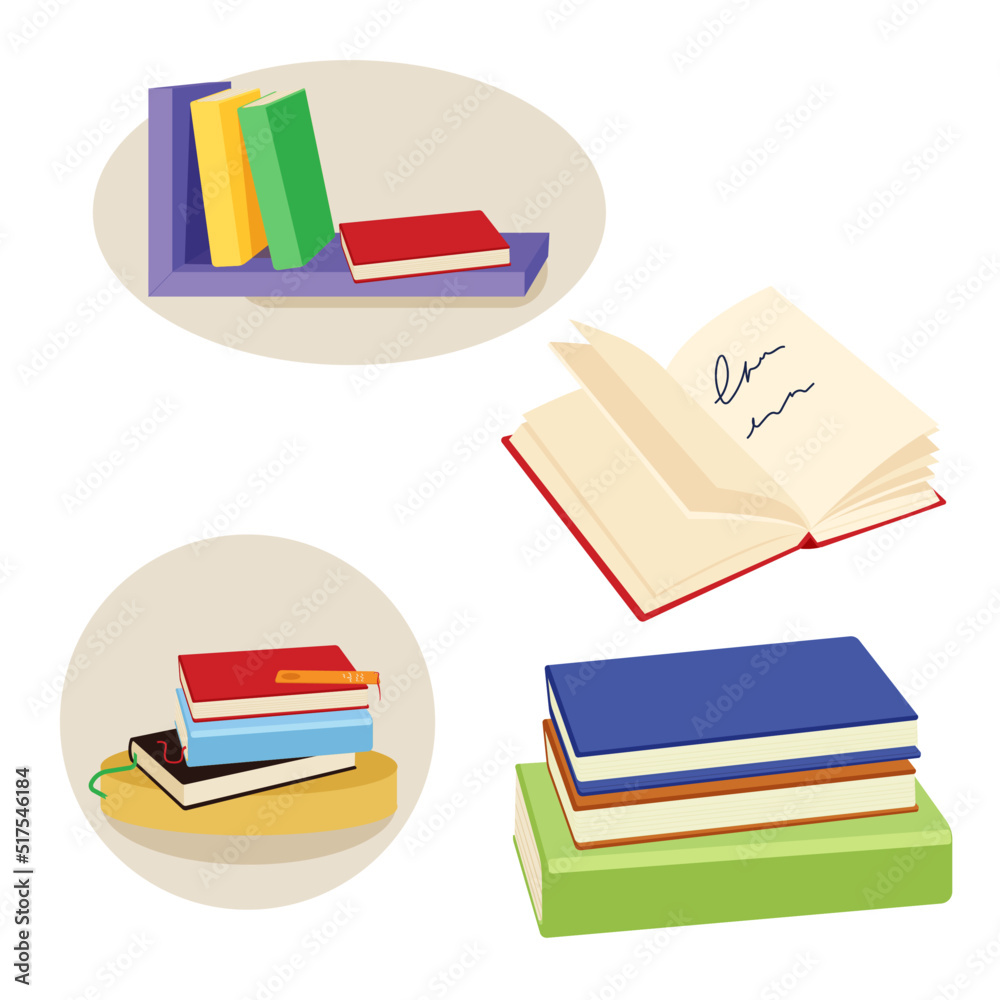 Books and notebooks. Books on the bookshelf. Books and notebooks. Books on the bookshelf.