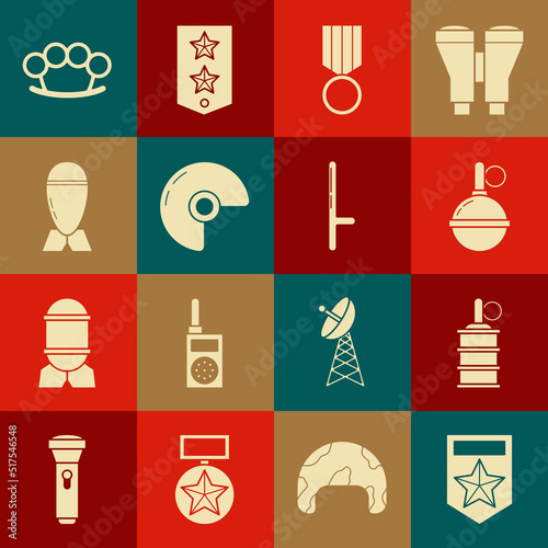 Set Chevron, Hand grenade, Military reward medal, helmet, Aviation bomb, Brass knuckles and Police rubber baton icon. Vector