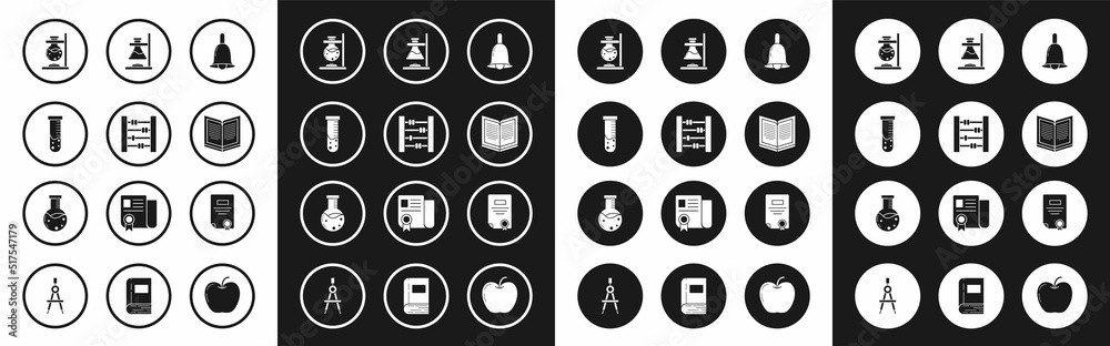 Set Ringing bell, Abacus, Test tube and flask chemical laboratory, Glass test on fire, Open book, Certificate template and icon. Vector