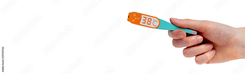 38 celsius high temperature on wood toy thermometer in hand close up. White banner with copy space for text. 38 celsius high temperature on wood toy thermometer in hand close up. White banner with copy space for text.