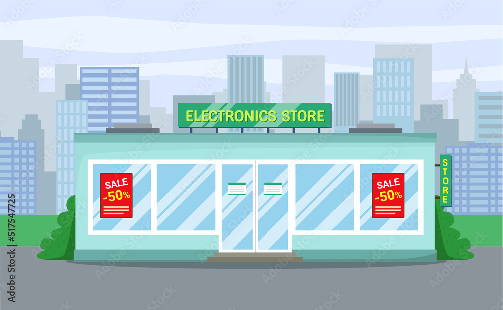 Electronics store with promotional posters.