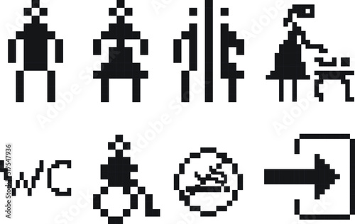A set of pixel toilet icons. Toilet sign. Men, women, mother with children, and disabled symbols. Toilet for men, women, and disabled. Vector graphics.