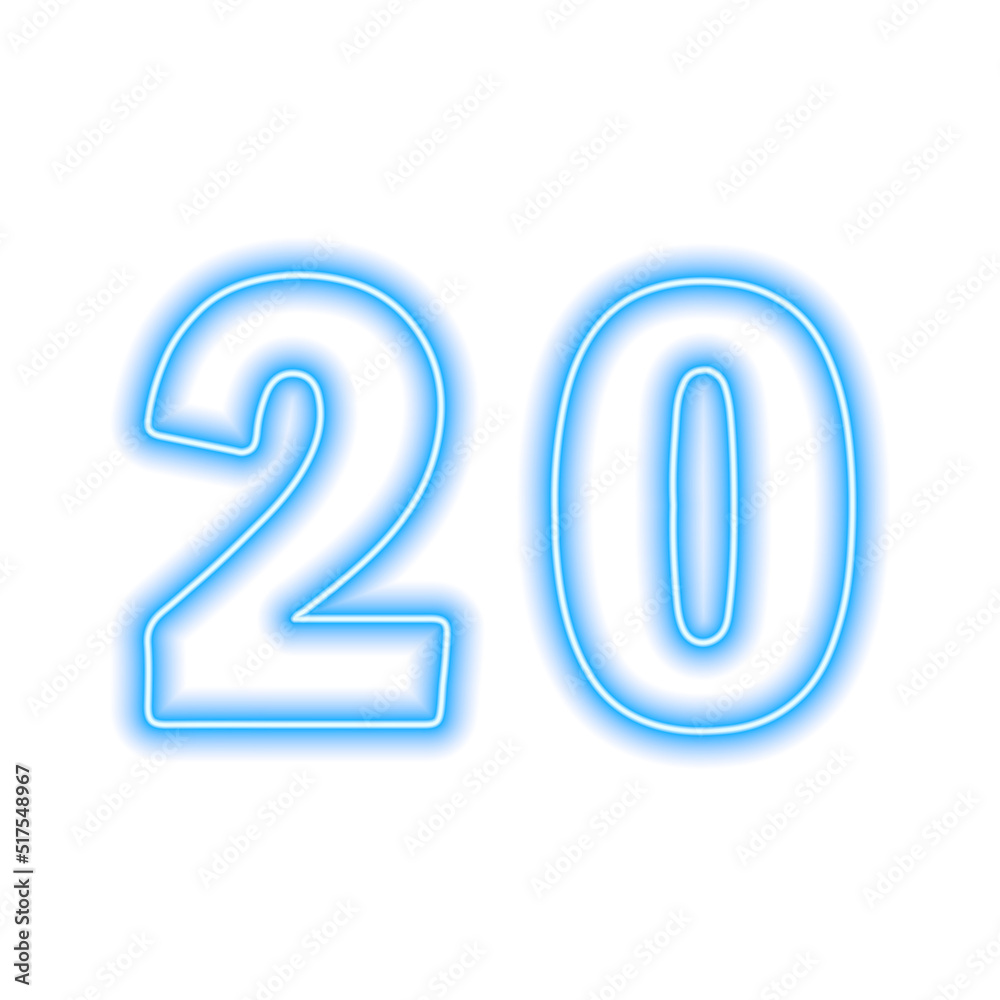 Neon blue number 20 isolated on white. Serial number, price, place Neon blue number 20 isolated on white. Serial number, price, place