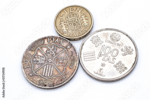 pesetas spanish old coins on white background