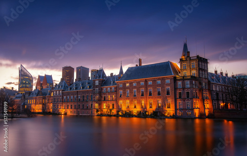 Binnenhof castle, Dutch Parliament, cityscape downtown skyline of Hague in Netherlands at sunset