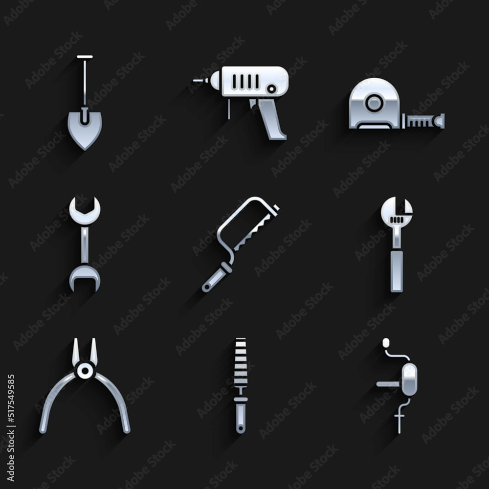 Obraz premium Set Hacksaw, Chisel tool for wood, Hand drill, Adjustable wrench, Pliers, Wrench spanner, Roulette construction and Shovel icon. Vector