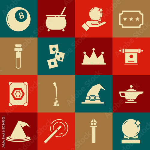 Set Magic ball, lamp or Aladdin, scroll, on hand, Game dice, Bottle with love potion, of predictions and Crown icon. Vector