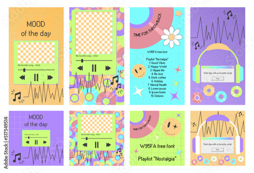 Social media ig template for y2k style stories. Psychedelic music retro elements for banners, advertising and cards. Vaporwave mockup for good vibes