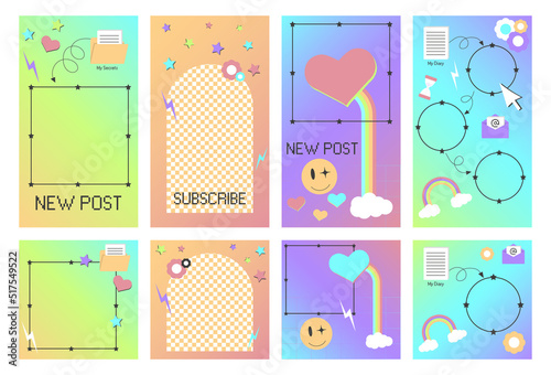 Social media ig template for y2k style stories and posts. Psychedelic pin idea with retro elements and frame
