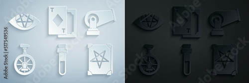 Set Bottle with love potion, Cannon, Unicycle or one wheel bicycle, Ancient magic book, Playing cards and Pentagram icon. Vector