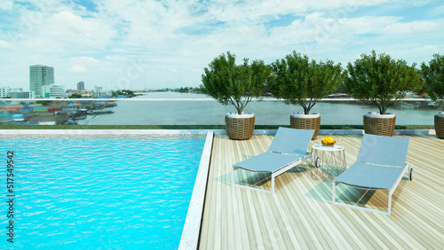 background of outdoor lounging terrace and Lounge Chair with beautiful swimming pool rooftop   3D illustration rendering