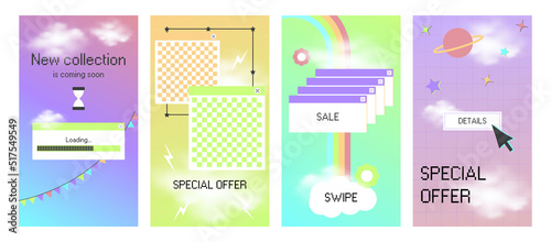 Special offer post mockup. Social media ig template for y2k style stories with realictic clouds. Loading window for new collection announcement