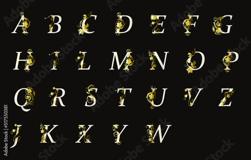 Luxury alphabet set. Elegant letters with gold damask curl composition. Platinum and golden lettering. 