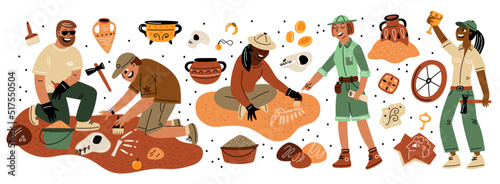 Cartoon archeology. Paleontologists and archaeologists at work. Science expedition. Historians at excavations. People digging artifacts and dino bones. Valuable finds. Garish vector set