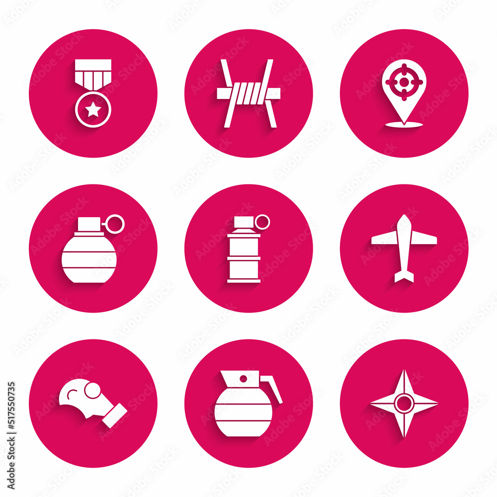 Set Hand smoke grenade, Japanese ninja shuriken, Jet fighter, Gas mask, Target sport and Military reward medal icon. Vector Set Hand smoke grenade, Japanese ninja shuriken, Jet fighter, Gas mask, Target sport and Military reward medal icon. Vector