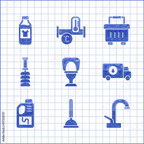 Set Toilet bowl, Rubber plunger, Water tap, Plumber service car, Drain cleaner bottle, brush, Toolbox and Bottle for cleaning agent icon. Vector