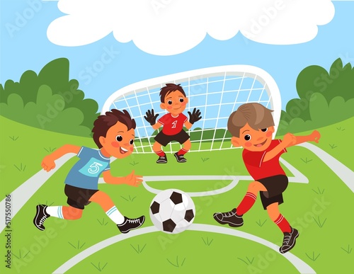 Children soccer. Boys play sport competitive game on park. Goalkeeper and little football players. Kids running outdoor. Athletes kicking ball. Splendid vector concept Team championship.