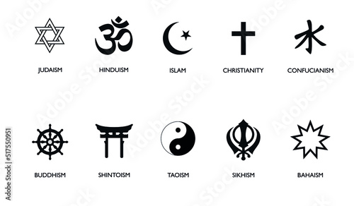 World religion symbols. Signs of major religious groups and religions. Christianity, Islam, Hinduism, Buddhism, Bahaism, Judism, Taoism, Shinto, Sikhism and Judaism, with English labeling. 